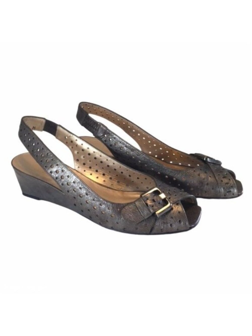 Stuart Weitzman Womens Gray Perforated Leather Wedge Heels Slingback size 6.5